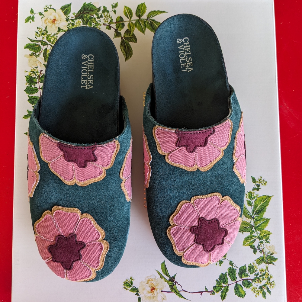 Chelsea & Violet Teal Suede Mules with Pink Floral Appliqué